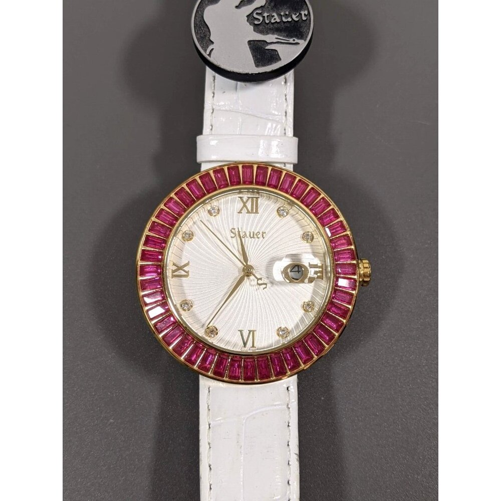 Stauer‎ Womens Pink Baguette Accent Round White Leather Band Watch
